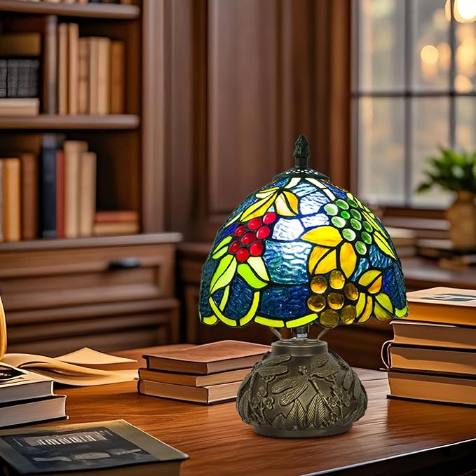 Small Tiffany Table Lamp,Stained Glass Lamp,8 Inch Mushroom Style Mini Vintage Desk Lights for Bedside, Bedroom,Nightstand,Living Room,3 Color Temperature (Yellow Leaf Grape)