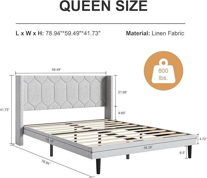 Queen Size Bed Frame with Velvet Upholstered Headboard, Platform Bed Frame No Box Spring Needed, Modern Bedframe with Strong Wooden Slats, Light Gray