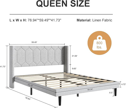Queen Size Bed Frame with Velvet Upholstered Headboard, Platform Bed Frame No Box Spring Needed, Modern Bedframe with Strong Wooden Slats, Light Gray
