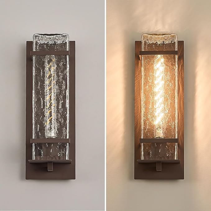 Brown Outdoor Wall Light, 13.4in Exterior Waterproof Lanterns,Porch Sconces Wall Mounted Lighting with E26 Sockets & Textured Glass Shades, for Garage,Doorway,Patio,Front Door
