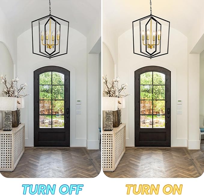 WJShome 18.1" Black and Gold Chandelier, 4-Light Farmhouse Dining Room Light Fixture, Modern Foyer Lighting Fixtures, Rustic Lantern Pendant Light, for Kitchen Island,Staircase,Entryway