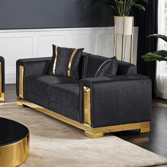 Furniture of America Samison II Glam Solid Wood Upholstered Loveseat with Accent Pillows, Damask Pattern and Gold Base, Soft Couch for Living Room, Bedroom, Office, Black