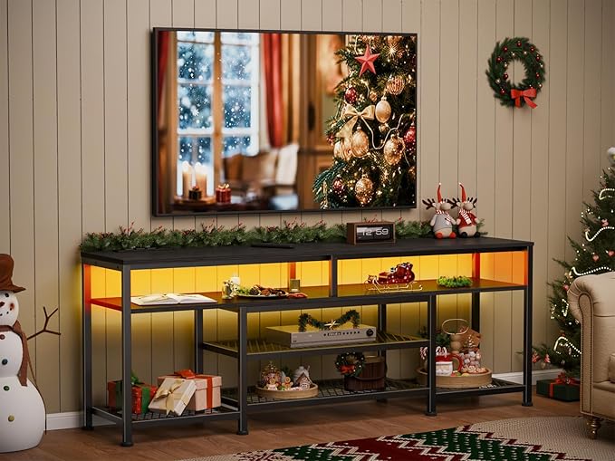 Furologee TV Stand with Power Outlets and LED Lights, 63 Inch Entertainment Center for 60 65 70 Inch TVs, Media Console Table with Open Shelves, for Bedroom, Living Room, Black
