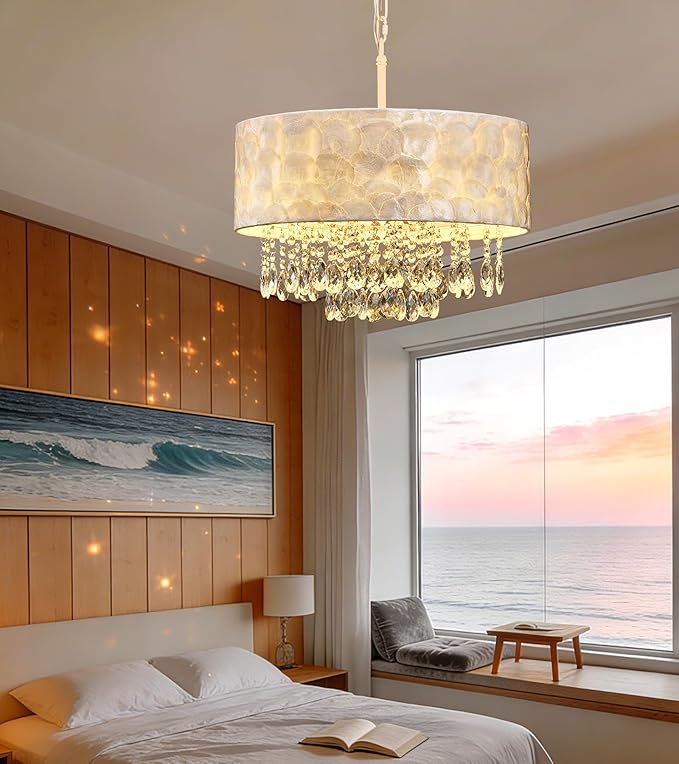 Q&S Boho Coastal Capiz Shell Crystal Chandelier,Modern Glam Luxe Drum D18 inch 4-Light Pendant Light Fixture for Dining Room Living Room Bedroom Kitchen Island Foyer UL Listed