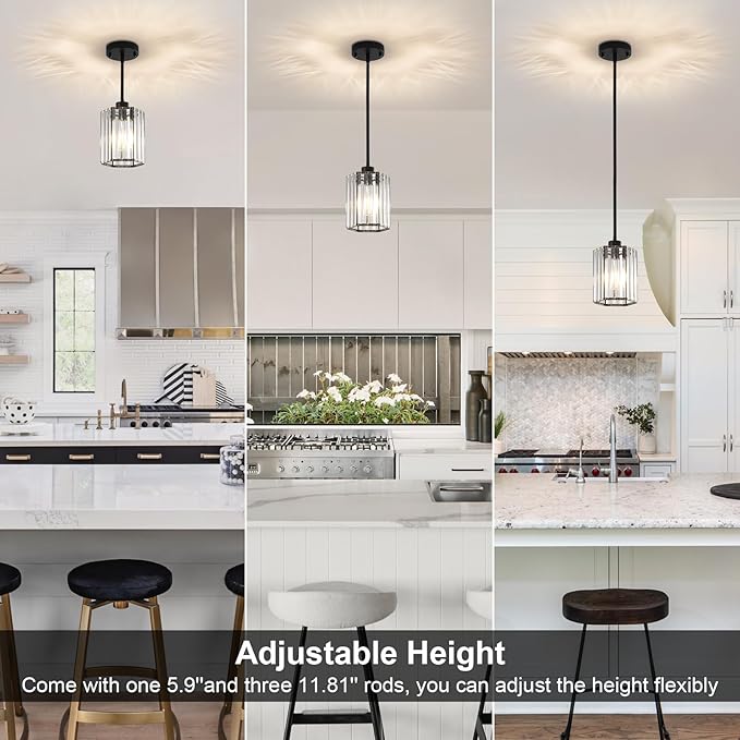 Crystal Pendant Lights for Kitchen Island, Modern Black Kitchen Hanging Pendant Light Fixtures, Black Hexagonal Mini Crystal Chandeliers for Dining Room, Hallway, Foyer, Entryways