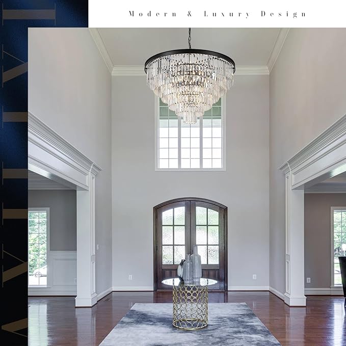 35'' Large Crystal Chandeliers 6-Tier Modern Black K9 Crystal Ceiling Pendant Light 22-Light Luxury Round Crystal Chandelier for High Ceiling Entryway Staircase Living Room Foyer