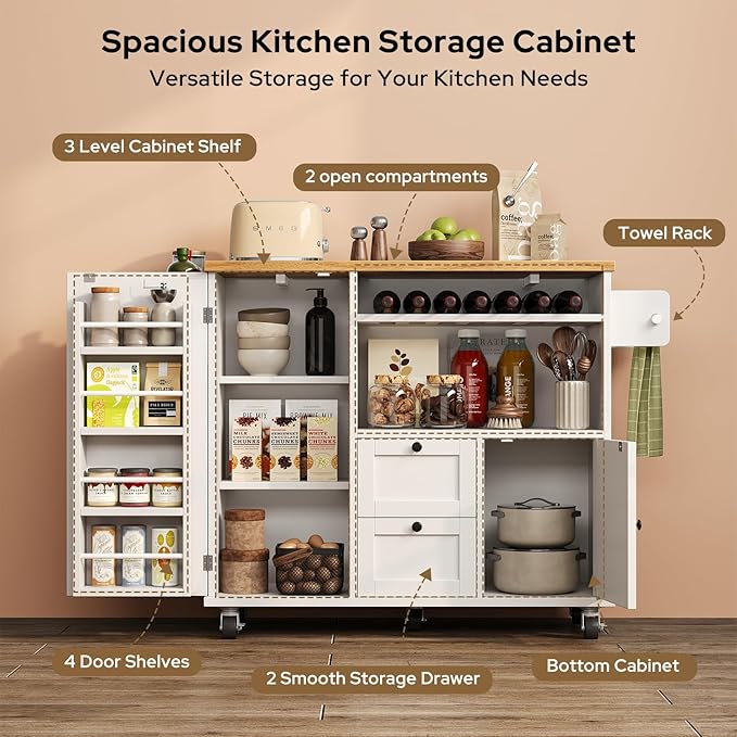 Rolling Kitchen Island with Storage Cabinet, 41.3'' Width Kitchen Cart with Desktop Drop Leaf Countertop, Portable Mobile Island with Towel Rack, Spice Rack Shelf, White
