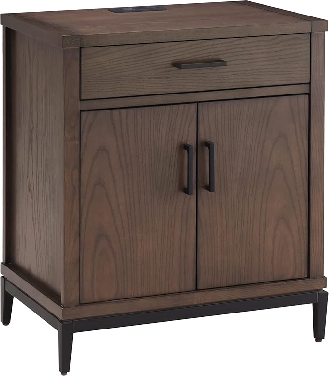Leick Home Julien Nightstand Side Table One Drawer and Lower Cabinet Traditional – Fast Charging Station – Durable Solid Wood – Living Room, Bedroom, Office, Coffee Bean with Matte Black, 9079-GRMB