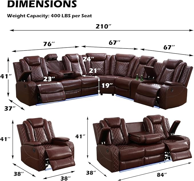 Leather Power Recliner Sectional Sofa Set with LED Light,L Shaped Leather Couch Set with 5 Recliner Seats,Modular Couch with USB Ports for Living Room Furniture(Red, Sectional+Sofa+Chair)