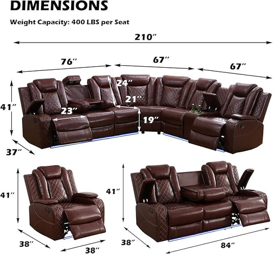 Leather Power Recliner Sectional Sofa Set with LED Light,L Shaped Leather Couch Set with 5 Recliner Seats,Modular Couch with USB Ports for Living Room Furniture(Red, Sectional+Sofa+Chair)