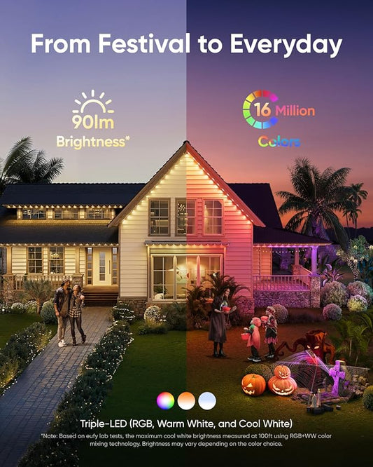 eufy Permanent Outdoor Lights E22, 100ft+ 50ft kit (Total 150ft) with 90 Triple-LED Lights, Smart RGBWW, Up to IP67 Waterproof, AI Lighting Themes for Halloween, Christmas, Links with Cameras, White