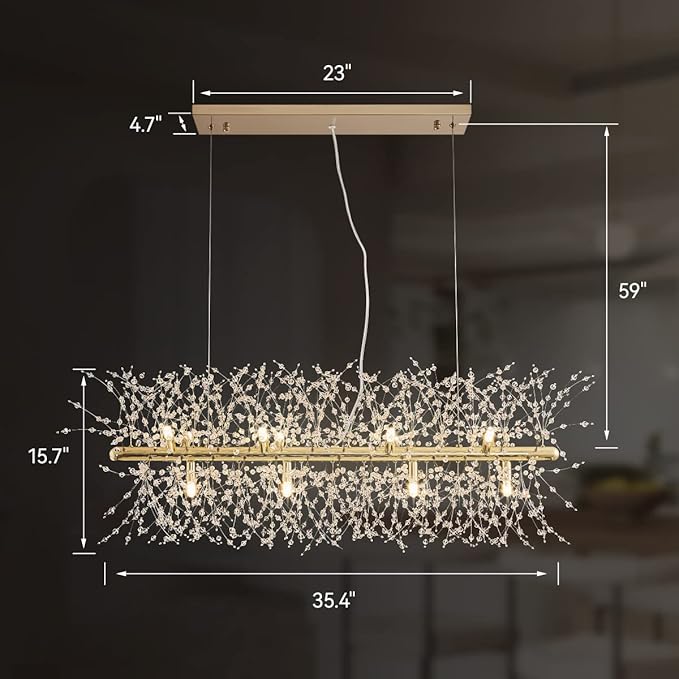 Modern Crystal Firework Chandelier, Linear Lighting Fixtures Hanging, Gold Dandelion Chandelier LED Pendant Lighting for Dining Room, Bedroom, Living Room (12-Light, 35.5")