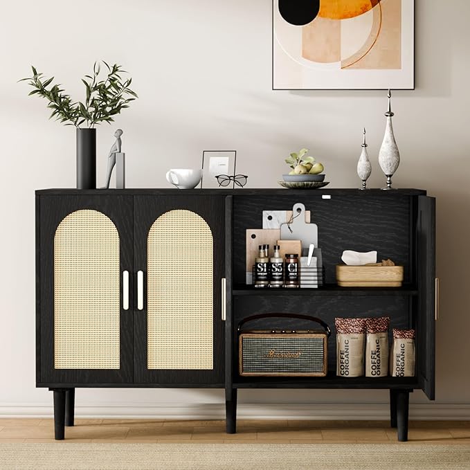 Sideboard Buffet Cabinet with Storage, Retro Rattan Storage Cabinet Kitchen Sideboard Buffet with Artistic Carved Handle for Dining Room Living Room, (Black&Oak)