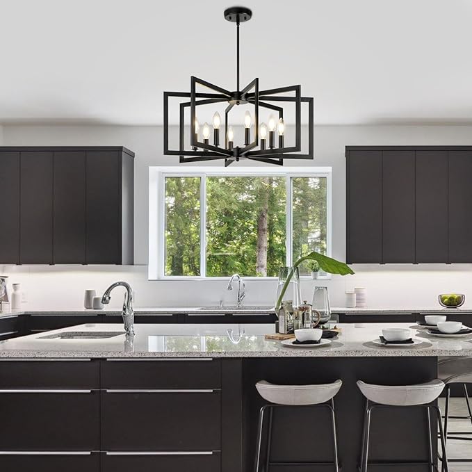 25.6" Black Chandelier for Dining Room, 8-Light Geometric Dining Room Light Fixture, Farmhouse Modern Chandeliers for Dining Room Living Room Foyer Stairway