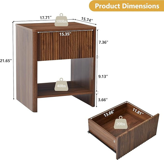 Fluted 1 Drawer Small Dresser for Bedroom, Mid Century Modern Nightstand with Drawers, Low Bedside Table with Drawers, End Table Short Storage, Living Room, Dorm -Walnut