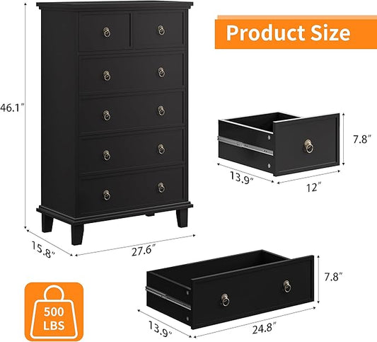 Tall Dresser for Bedroom Black 6 Drawers Dresser Tall Chest of Drawers, Modern Farmhouse Storage Cabinet for Living Room, Hallway, Entryway, Home Office