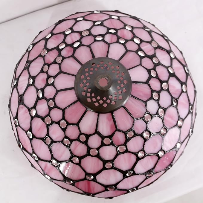 WERFACTORY Tiffany Lamp Pink Stained Glass Bead Table Lamp Desk Bedside Reading Light 12X12X18 Inches Deco Bedroom Living Room Home Office S005 Series