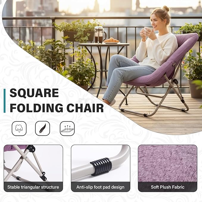 Tiita Comfy Folded Chair, Soft Faux Fur Oversized Folding Accent Chair, Lazy Chair for Teens Adults, Metal Frame Moon Chair for Bedroom, Living Room, Dorm Rooms