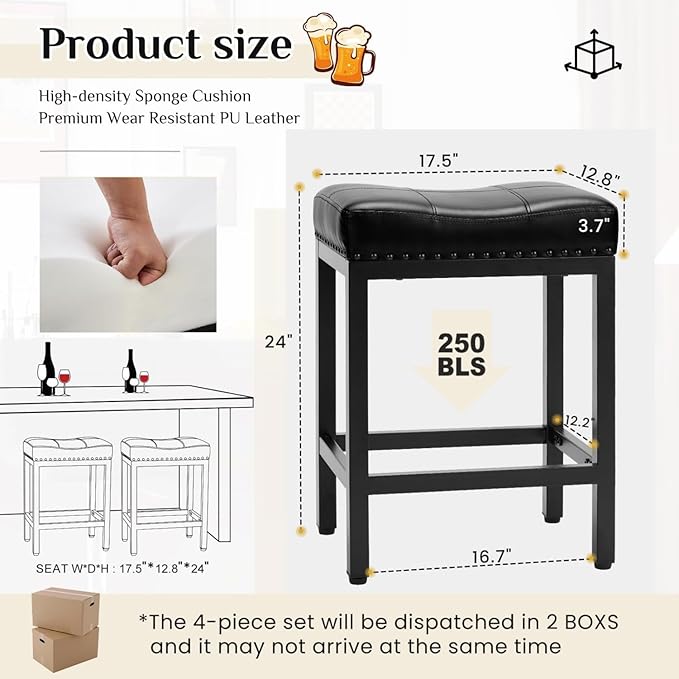 Bar Stools Set of 4, Upholstered Counter Height Stools with Padded Seats and Metal Base, Leather Saddle Stool for Modern Kitchen Island, 22.4-Inch, Black
