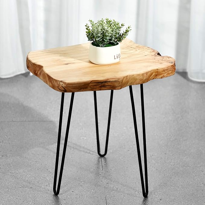 WELLAND Live Edge Side Table with Hairpin Legs, Natural Edge Side Table, Small Nightstand Wood, 15.5" Tall