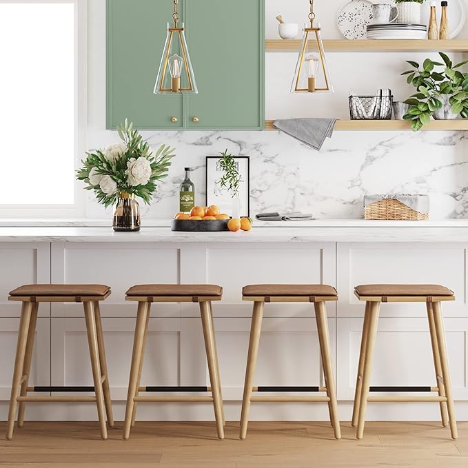 Nathan James Barker Classic Counter Height Wood Barstool with Leather Removable Cushion, Backless Island 24" Bar Stool for Kitchen, Chestnut Brown