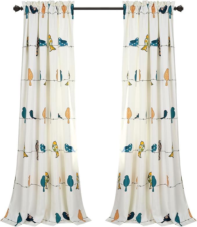 Lush Decor Rowley Birds Light Filtering Window Curtain Panels, Pair, 52" W x 84" L, Multi - Colorful Floral Print - Whimsical & Playful Bird Curtains For Bedroom, Living Room, Or Dining Room