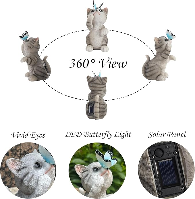Solar Cat Outdoor Figurines Garden Decor with Butterfly Light for Lawn Ornaments Porch Patio Balcony Yard Decorations Outdoor Birthday Gifts for Women Grandma Mother’s Day