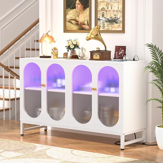 Aheaplus Sideboard Buffet Cabinet with Power Outlet, Kitchen Sideboard Storage Cabinet with LED Light, 4 Doors, Modern Accent Cabinet Coffee Bar Cabinet Console Table for Kitchen Dining Room, White