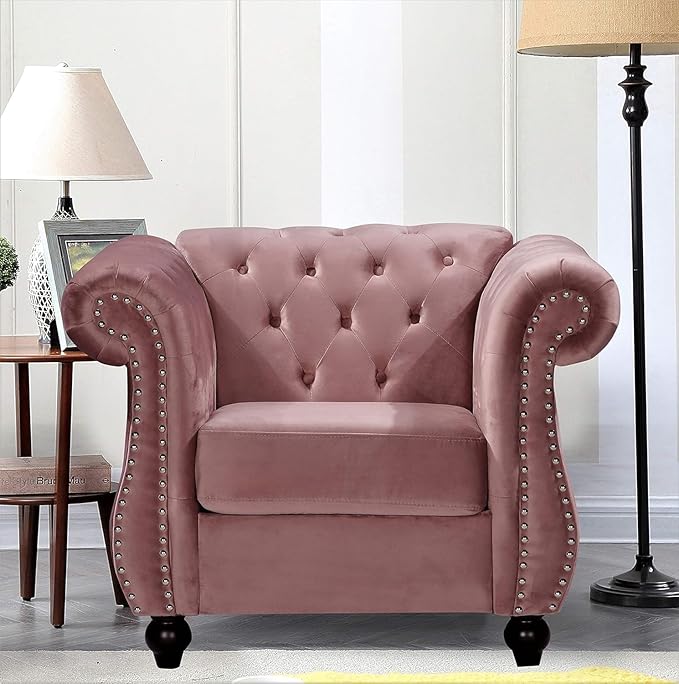 Container Furniture Direct Feinstein Modern Velvet Chesterfield Couches for Living Room with Nailheads, Diamond Tufting & Durable Metal Frame, Chair, Rose
