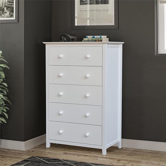 International Concepts Solid Wood Bedroom Dresser/Chest with 5 Drawers in White
