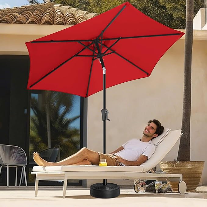 FLAME&SHADE 9ft Patio Umbrella Outdoor - Table Umbrella with Push Button Tilt and Crank, UV Protection, 6 Sturdy Ribs, Market Umbrella for Garden, Deck, Backyard, Lawn, Pool and Beach(Red)