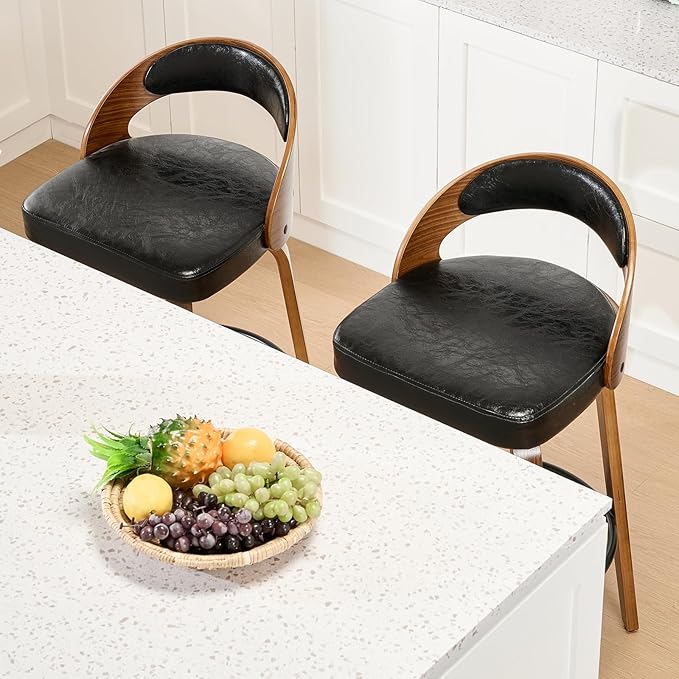 Swivel Bar Stools Set of 6, 30.15" Counter Height Bar Stools for Kitchen Island, Black Barstool Upholstered Faux Leather & Solid Wood Legs, Mid Century Modern Bar Chairs