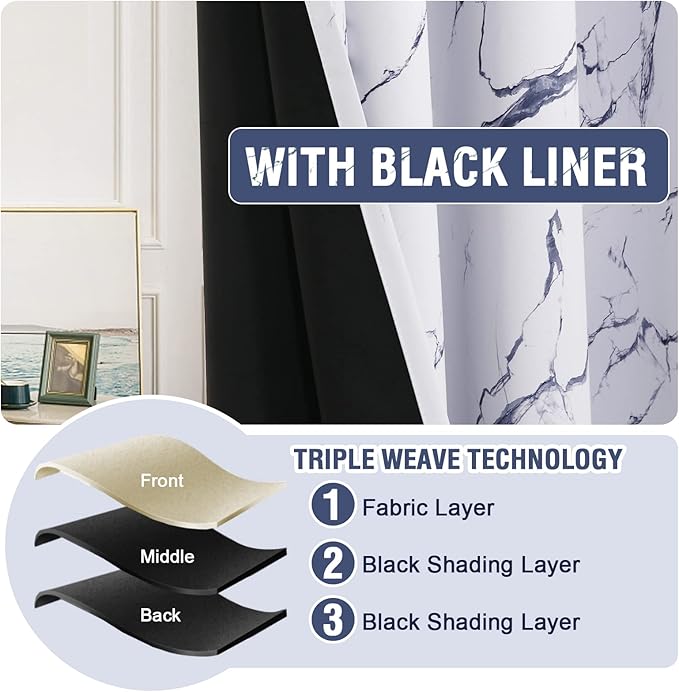 H.VERSAILTEX 100% Blackout Curtains 96 inch Length 2 Panels Set Marble Designs Printed Drapes Thermal Curtains for Bedroom with Black Liner Sound Proof Curtains, Dark Blue
