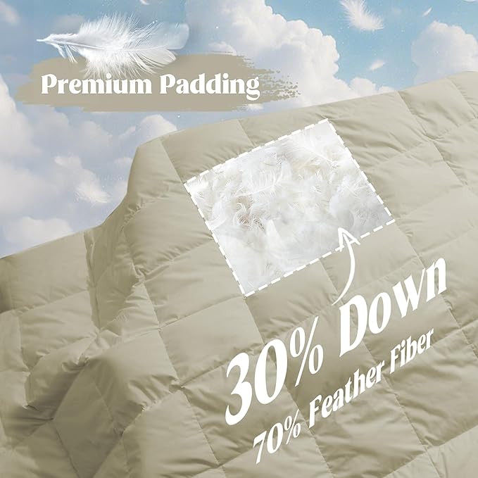 puredown® Soft Feather Down Blanket Lightweight Packable Down & Feather Fill Blanket for Indoor and Outdoor Use, Queen Size Blankets, 88"X90", Beige