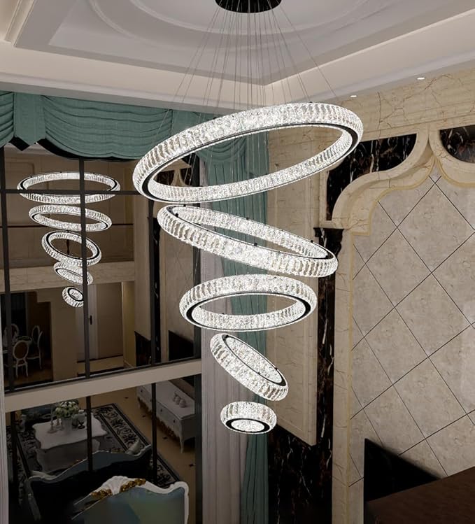 Modern Chandelier 8"+16"+24"+32"+40" 5 Rings Crystal LED Dimmable Lighting Foyer Entryway High Ceiling Living Room Chanderliers Pendant Lights Fixtures Black Light