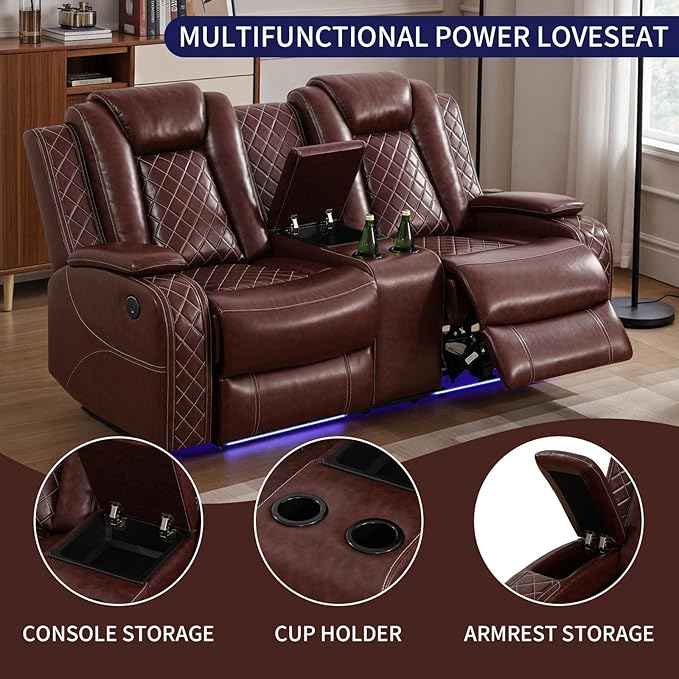 Power Recliner Sofa Set for Living Room, Leather Power Reclining Sofa Sets with LED Lights, Console Storage, Recliner Couch with USB Port(Sofa, Loveseat and Chair,Red)