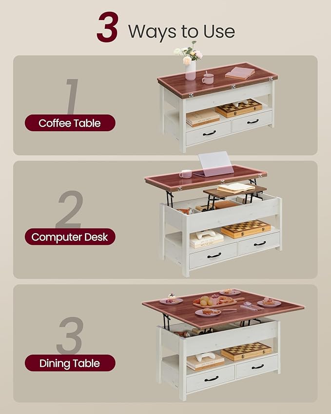 VASAGLE Coffee Table Lift Top, 3 in 1 Center Table with Storage, Gas Spring, 2 Drawers and 3 Hidden Compartments, Open Shelf, for Living Room, Home Office, Honey Brown and Rustic White ULCT254W01