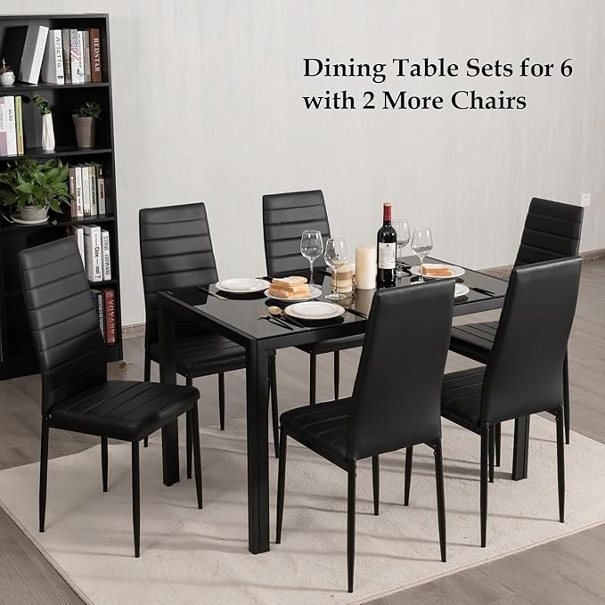 NAFORT Dining Table Set for 4, 48.5" Rectangle Tempered Glass Kitchen Room Table with 4 Black Faux Leather Dining Chairs, Space-Saving Dinner Tables with Metal Frame for Dining Room, Office, Dinette