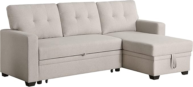 ACQCA 82" L-Shape Sleeper Sectional Sofa with Storage Chaise and Pull-Out Bed,Convertible Sofa Bed Sectional Couch for Living Room,Apartment,Office,Beige