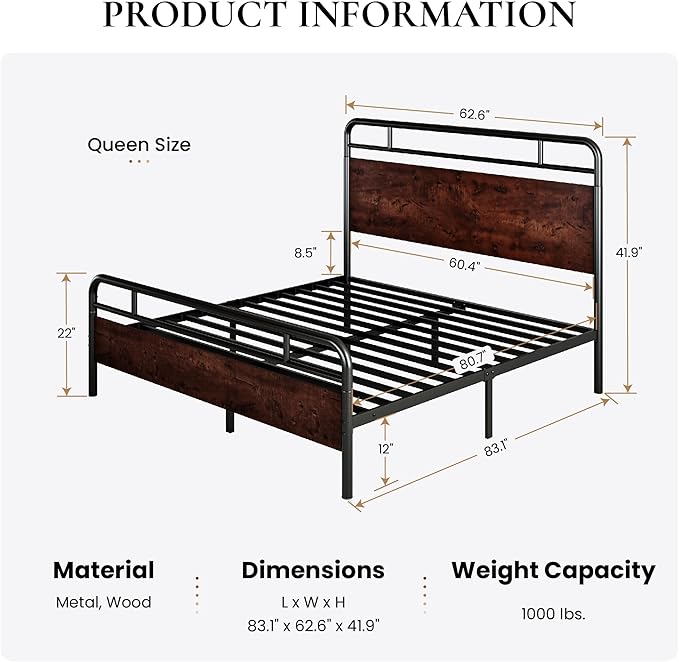 SHA CERLIN Queen Size Bed Frame with Wooden Headboard and Footboard, Rounded Corner Metal Structure, Heavy Duty Slats with Under-Bed Storage, No Box Spring Needed, Mahogany