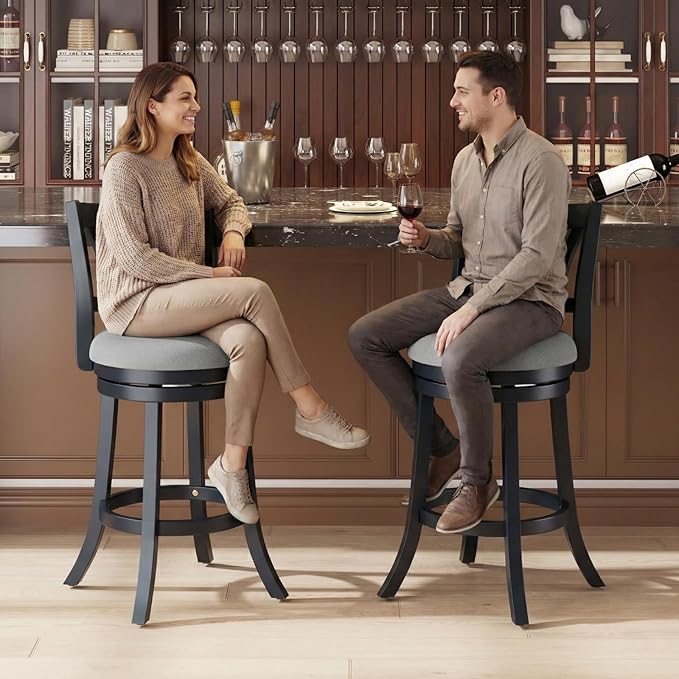 Swivel Bar Stools Set of 1,26 Inch Counter Height Barstool with Silent Rotation, High-Density Foam Cushion, Solid Wood Frame, Footrest & Anti-Slip Pads for Kitchen Islands and Home Bars (Grey)