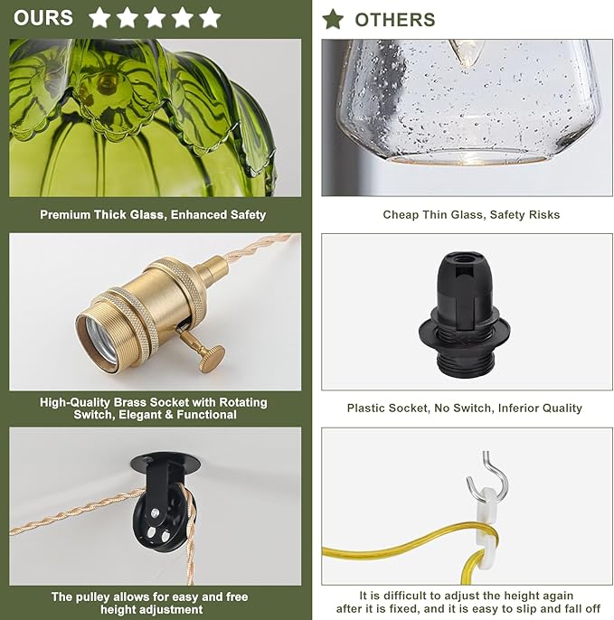 Plug in Pendant Light Fixtures, Hanging Light Fixture Glass Pendant Light, Vintage Green Hanging Lamp, Pendant Lighting for Kitchen Island, Bedroom, Dining Room, Living Room