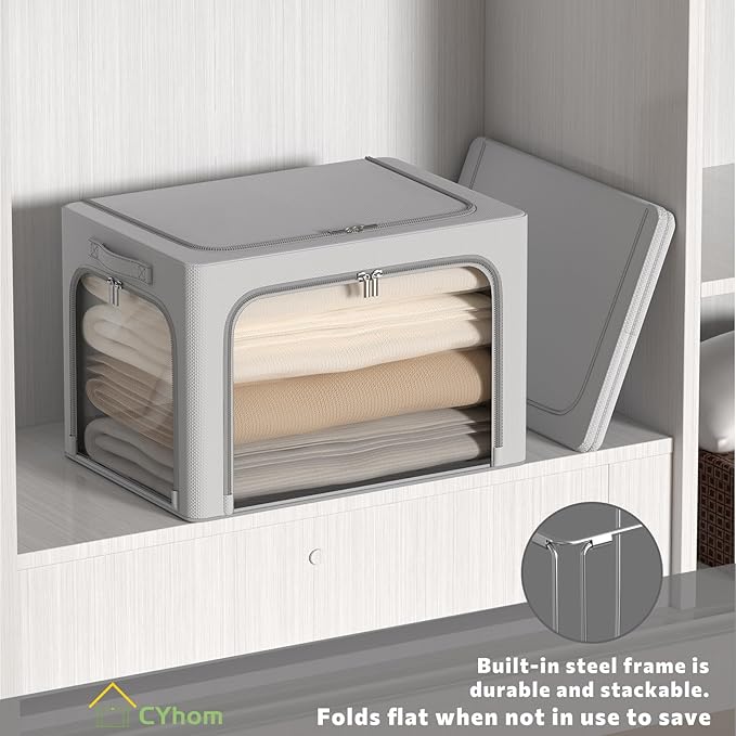 3Pack Clothes Storage Bins - Oxford Frame Storage Box Foldable Stackable Storage Organizer with 3 Openings Design, Metal Frame, Clear Window, Carry Handles (66L-19.7 * 15.7 * 13, Grey)
