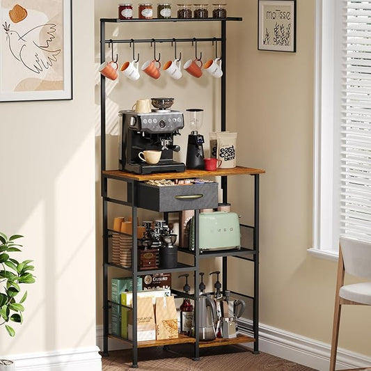 X-cosrack Coffee Bar Stand Station with Storage Drawer, Extended Worktop Coffee Table, Farmhouse Corner Bar Cabinet for Small Spaces, Barkers Rack & Home Bar for Entryway, Living Room