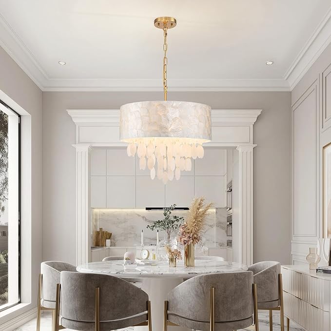 4-Light Drum Capiz Shell Chandeliers, Coastal Style Pendant Light Fixture for Dining Room, Living Room, D18 x 21~68"(Adjustable Height), Shell Lampshade & Gold Finish