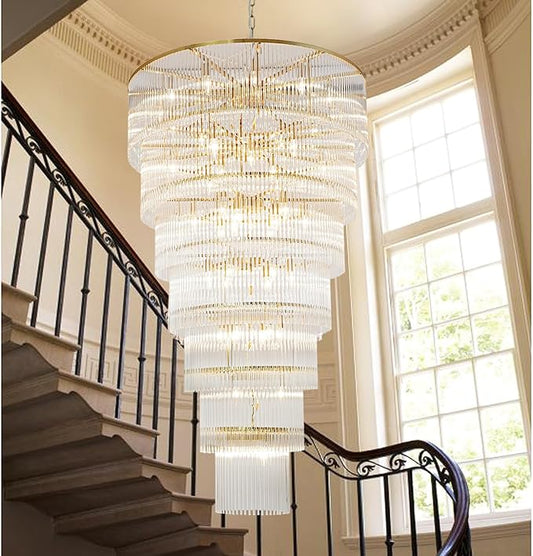 Extra Large Long Brass Chandelier for High Ceiling H68 Modern 7 Tiers Glass Staircase Chandelier Foyer Entryway Lighting Pendant Light Fixture for Grand Living Room Stairway Hall