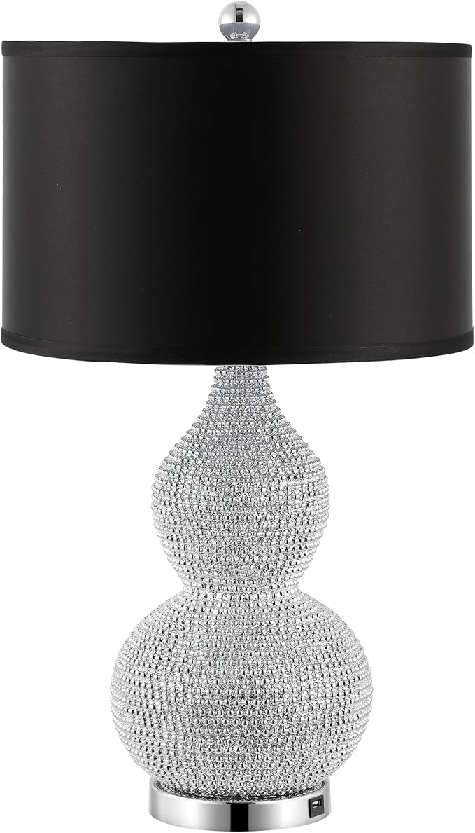 SAFAVIEH Lighting Collection Nicole Modern Silver Bead Base/ Black Shade 25-inch Bedroom Living Room Home Office Desk Nightstand Table Lamp Set of 2 (LED Bulbs Included)