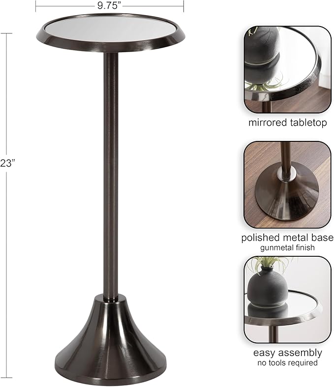 Kate and Laurel Sanzo Modern Pedestal Drink Table; 10 x 10 x 23; Gray Gunmetal; Decorative End Table with Mirrored Tabletop for Use as Small Plant Stand or Cute Martini Table
