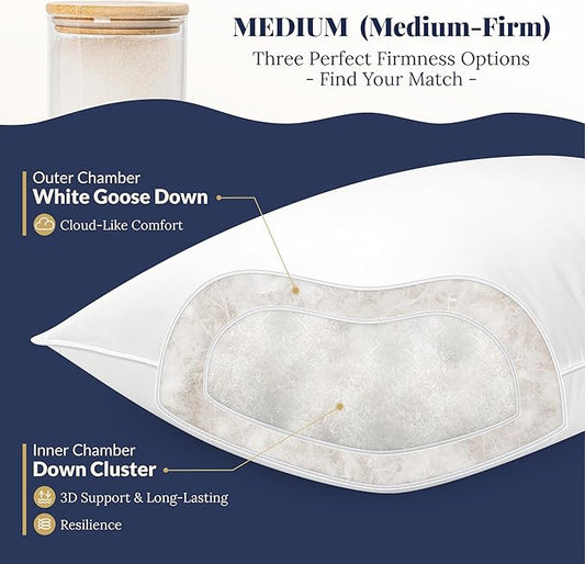 White Goose Down Pillow - Luxury Hotel Bed Pillow with 100% Natural 1000+ Fill Power Goose Feather Down Pillow for Sleeping, 700TC Cotton Shell, King Size- Medium, 1 Pack