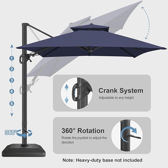 FLAME&SHADE 10x10 FT Cantilever Patio Umbrella - Aluminum Offset Umbrella with Tilt & 360-Degree Rotation, 3 Years Fade Resistance Fabric Large Patio Umbrella Outdoor for Deck Pool Garden - Navy Blue